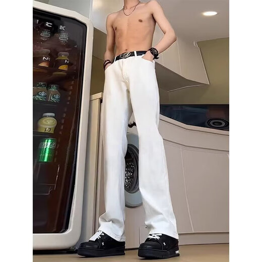 迪伽达 白色牛仔裤男士宽松秋季新款美式高街高腰窄版微喇显瘦裤子男 HCFS-2076白色 2XL