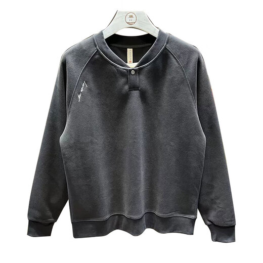 British gentleman American retro heavyweight sweatshirt men's autumn and winter loose Henry collar long-sleeved trendy brand embroidered velvet bottoming shirt for men dark gray M