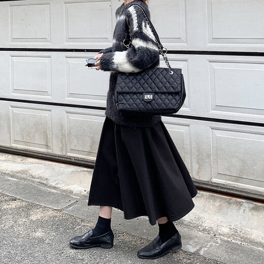 Trendy brand Avmko skirt women's autumn and winter new style retro temperament mid-length high-waisted a-line fairy skirt drape solid color pleated woolen umbrella skirt black L