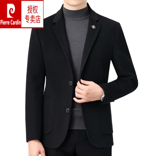 皮尔卡丹男士毛呢外套春秋羊毛双面呢男西服中年商务休闲羊毛上衣男 黑色 XL 180 (建议140-156斤)