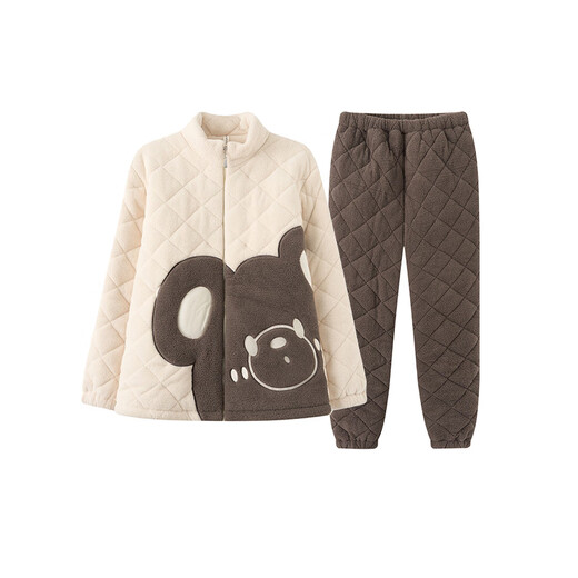 Fenten couple's pajamas autumn and winter quilted plus velvet stand-up collar anti-static long-sleeved pajamas set cartoon bear home clothes off-white-men's XL