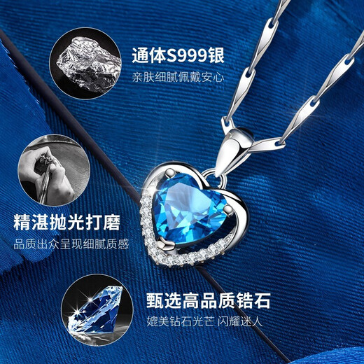 Falinro Ocean Heart Necklace Women's Silver Clavicle Chain Heart-Shaped Pendant Birthday and Valentine's Day Commemorative Gift for Girlfriend and Wife Light Luxury Style-Blue Ocean Heart Necklace Engraving