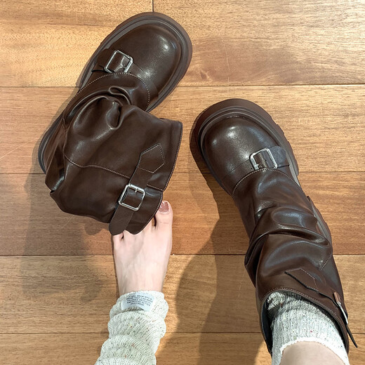 渝鼎福 马丁靴女鞋秋冬2024新款英伦风中筒靴子百搭厚底潮流套脚皮鞋 深棕色 37