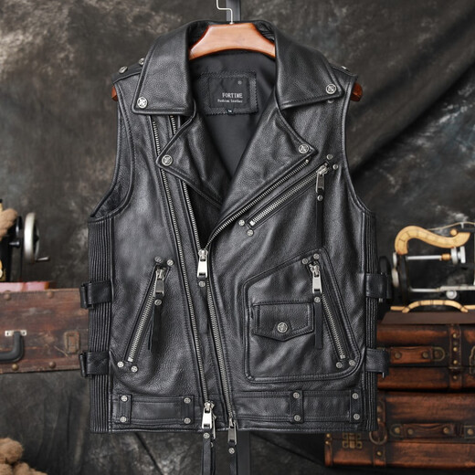 Lee dprre vest cowhide leather jacket men's short cycling heavy motorcycle leather vest trendy black 3XL
