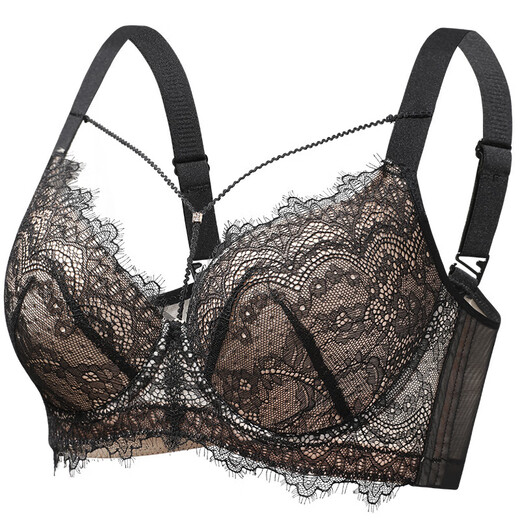 Sugar grain large size underwear for women with big breasts and small breasts, sexy lace push-up support to prevent sagging and reduce side breasts, thin bra, black and translucent 90C