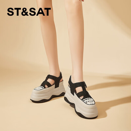星期六（St&Sat）罗马凉鞋女2024夏季新款包头厚底女鞋子镂空编织猪笼鞋水钻渔夫鞋 黑色 35