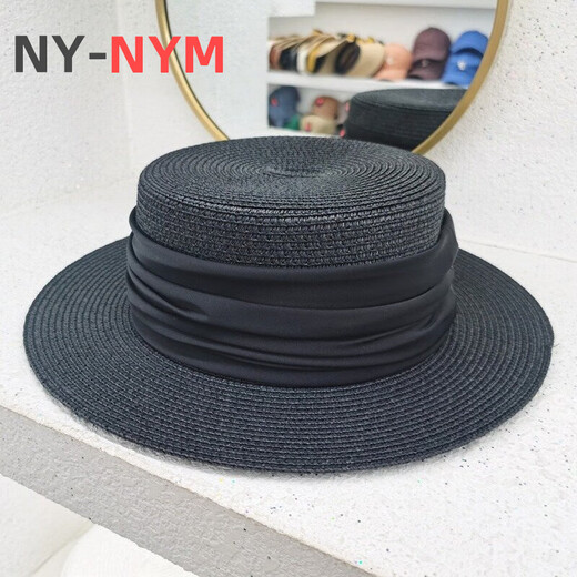 NY-NYM Korean simple top hat summer women's British retro top hat temperament celebrity seaside vacation sun hat Ribbon straw hat-black + brown strap M(56-58cm)