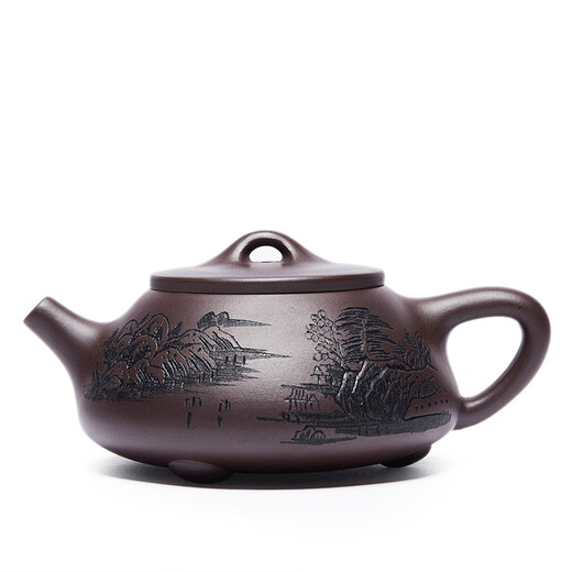 Zun Hu Yixing purple clay teapot stone ladle teapot handmade tea set teapot original mineral purple mud teapot carved landscape stone ladle 200cc