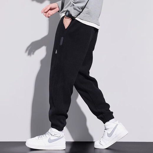 Woodpecker casual pants men's autumn and winter new loose sports leggings men's plus velvet warm corduroy versatile long pants for men 266 black plus velvet 2XL (recommended 150-160Jin Jin equals 0.5 kg)