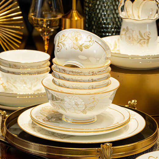 Han Ming Chinese Scenery Dezhen bone china bowls, plates and tableware complete set of household high-end ceramic dishes and chopsticks set housewarming gift upgraded 60-piece set丨with high-end brocade box