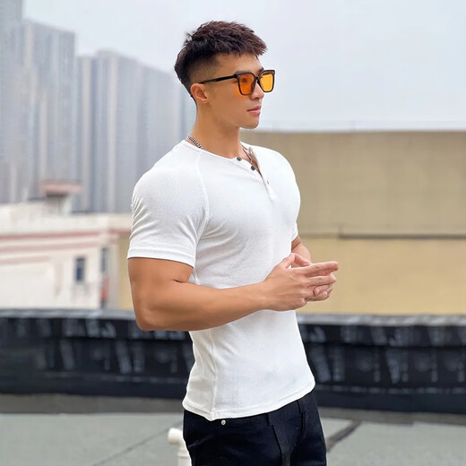 Dameitu (Dameitu) European and American style thick thread henley shirt men's heavyweight sports and leisure T-shirt fitness training slim short sleeve white L recommendation 110-130Jin Jin equals 0.5 kg