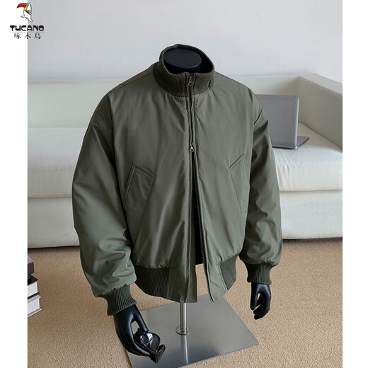 Woodpecker (TUCANO) American short stand-collar flight jacket men's winter fashion brand high street handsome baseball uniform cotton coat silhouette jacket black L