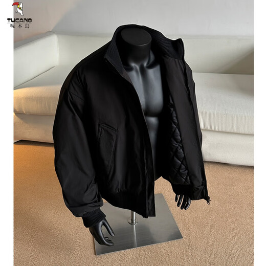 Woodpecker (TUCANO) American short stand-collar flight jacket men's winter fashion brand high street handsome baseball uniform cotton coat silhouette jacket black L