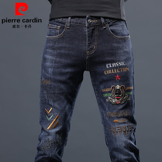 皮尔卡丹（pierre cardin）欧货新款刺绣印花男士针织牛仔裤子修身弹力百搭小脚长裤 6628 29 （2尺2）