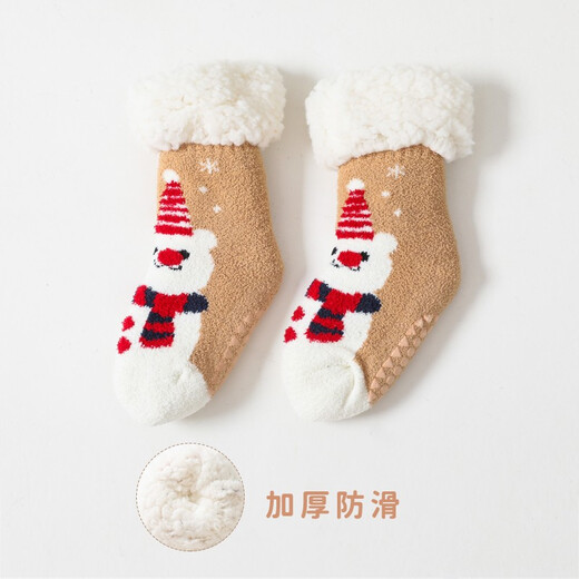 Wenlixuan winter velvet baby floor socks children's non-slip socks men's and women's socks thickened and warm cartoon mid-tube sleep socks Khaki Snowman S size 0-2 years old
