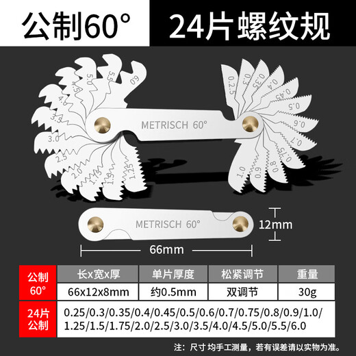 Mitzi thread gauge sample gauge buckle gauge screw measuring tool tooth square measure thread gauge metric 60-24 pieces