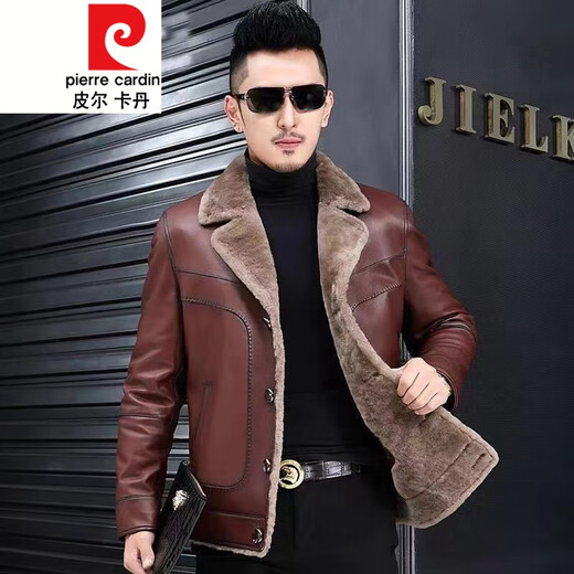Pierre Cardin winter new Haining fur all-in-one leather jacket men's short jacket suit collar young and middle-aged jacket black M 165/M size 115Jin Jin equals 0.5 kg