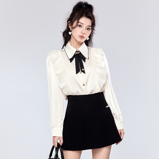 Fantu Fantu 2024 autumn new style French retro small fragrance bow long-sleeved shirt beige shirt M