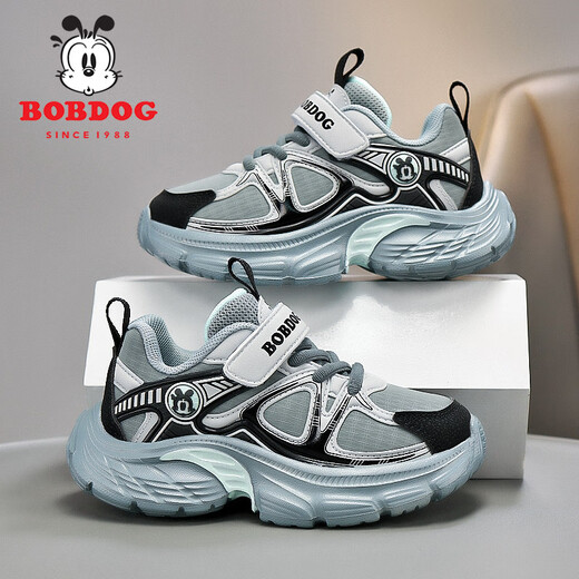 巴布豆（BOBDOG）童鞋网面透气男童运动鞋2025春新款皮面跑步鞋儿童鞋子男童老爹鞋 黑灰(皮面) XT-K674 34 码 (内长22.0厘米)