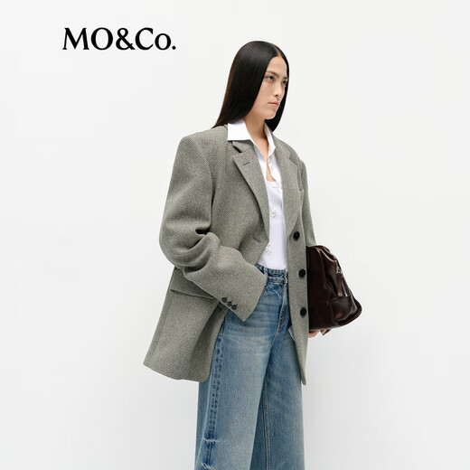 MO&Co. Suit Spring Retro Brown Green Herringbone Sheep Wool Padded Broad Shoulder Jacket MBE1BLA005 Green Mixed Color S