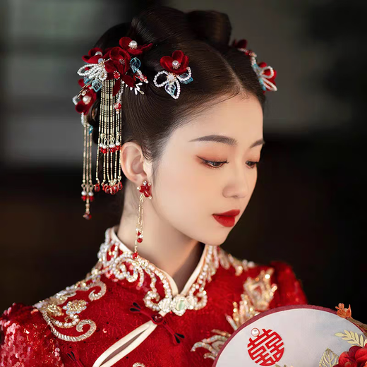 Shengli Chinese style bridal ancient costume hair accessories headdress wedding Xiuhe suit burgundy velvet flowers fresh classical wedding accessories hair accessories set
