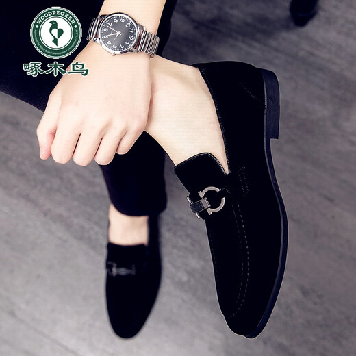 啄木鸟2025新款春季一脚蹬懒人豆豆鞋男士英伦尖头休闲皮鞋磨砂皮潮鞋子 866绿色 43