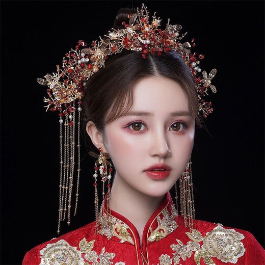 Haiyiduo bridal hair accessories, Xiuhe clothing headdress, wedding bride's tassel step, phoenix crown, Chinese wedding dressing gown, elegant and beautiful, model headdress set + ear hook style