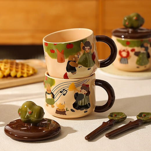 Yunshun mug with lid, spoon, water cup, ceramic cup, New Year's Day, Christmas gift, best friend's birthday gift, home coffee cup, Apple tree apple rabbit (lid + spoon) 380ml (gift box)