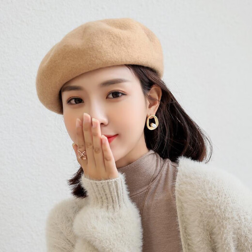Gu Wenlun's hat with wig for middle-aged and elderly women in autumn and winter, shoulder-length short hair, Internet celebrity woolen beret, versatile short, khaki hat, shoulder-length short hair, light brown + hairnet