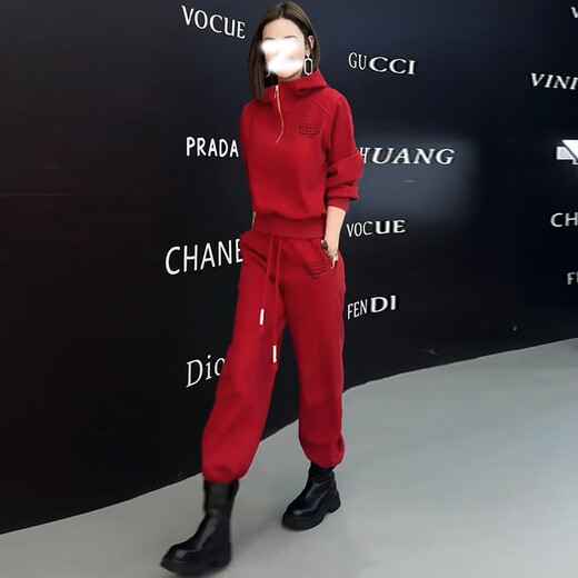 OYZ trendy brand red sportswear suit for women in spring and autumn, casual and popular slimming and high-end street sweatshirt plus velvet two-piece set red two-piece set (plus velvet) M
