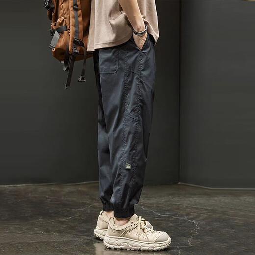 莫小刀休闲裤男宽松大码运动束脚裤子男士夏季新款冰丝哈伦长裤 黑色 XL 建议120-140斤