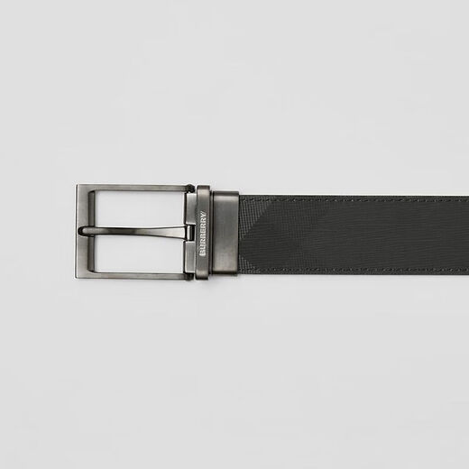 BURBERRY Gift Men's Reversible Charcoal Gray Plaid and Leather Pin Buckle Belt