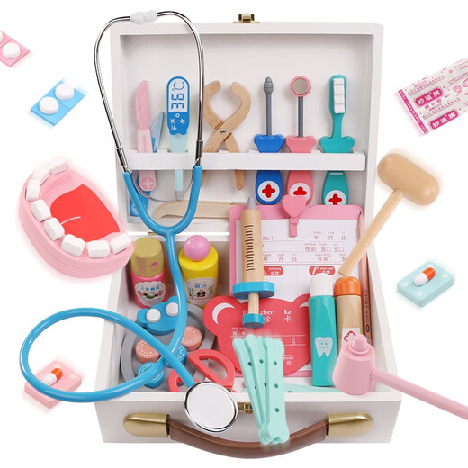 Simulation little doctor toy set girl wooden box plays nurse boy plays house children's stethoscope color color box - 5-piece set of clinic visits