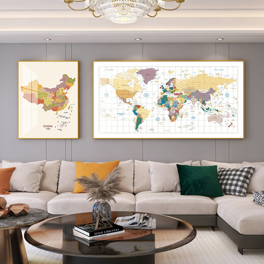 陶然北路中国世界地图中英文装饰画客厅挂画书房地理墙画会议室办公室壁画 12173/12175（中文版） 60*80/160/80油画布画面/黑框