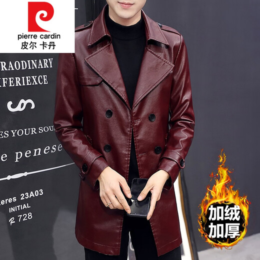 Pierre Cardin mid-length leather men's jacket youth slim and handsome motorcycle leather autumn and winter velvet windbreaker Korean style trendy knitted 516 black 3XL 185