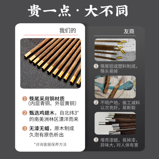 Double gun (Suncha) chicken wing wood chopsticks for home use paint-free and wax-free high-end wooden chopsticks 6 pairs of family set Kuaizi solid wood round chopsticks