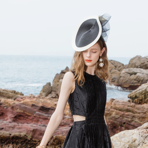 EE party hat spring and summer new style British ponytail yarn elegant party hat for women 2396 black and white contrasting colors no head size limit