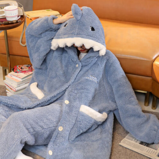 Sensheng Coral Fleece Pajamas Women 2025 New Autumn and Winter Pajamas Long Style Internet Celebrity Thickened Flannel Home Clothes Shark Dark Shark Clothing Robe S Recommendation 80-100Jin Jin is equal to 0.5 kg