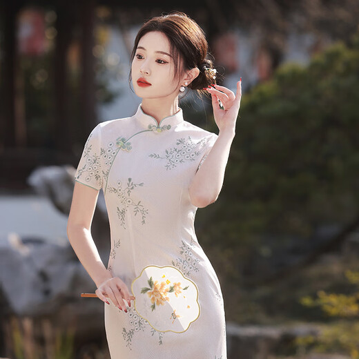 Nukm Cheongsam chinesischer Stil langer junger 2025 Sommer neuer schlanker und eleganter Mädchen Retro verbessertes Kleid 6629 Grün S