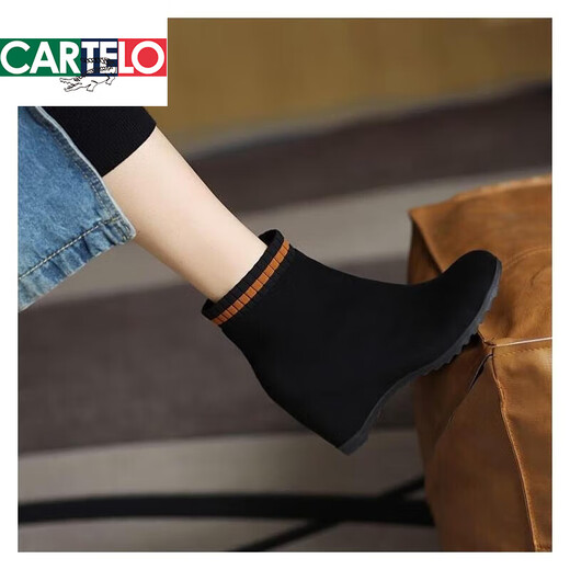 CARTELO Women's Boots Mid-calf Boots Women's Autumn and Winter Increased Mid-Heel Martin Boots Black 414243 Wedge Large Size Short Boots Women's Shoes Black Green Velvet Lining 37