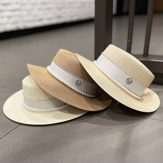 
Rogosky counter trendy Korean version ins pearl M-label flat top hat spring and summer English versatile fashion sun protection straw woven hat women light luxury original milky white pearl M-label ribbon straw hat M (56-58cm)