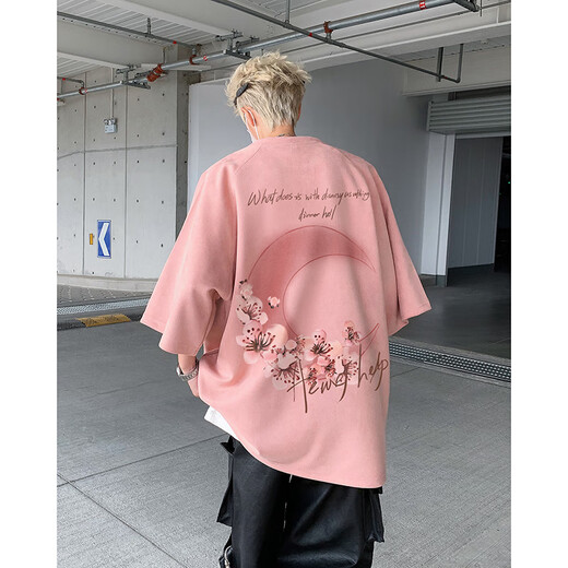 Ptat American Suede Hart kurzärmelige Männer Schwergewichtige T-Shirt großer Mond Großdrucker kleiner Ausschnitt halbärmelig T-Shirt-Kleidung H9904 Schwarz 4xl (Empfohlen 180-200 Jin [Jin gleich 0,5 kg]))