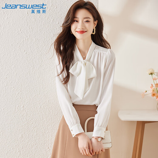 Jeanswest long-sleeved shirt women's autumn top French bow temperament women's professional wear shirt white M