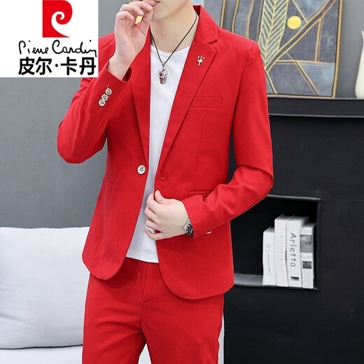 Pierre Cardin Korean style casual spring and autumn suit men's slim business formal suit groom handsome British casual small suit for men white - velvet thickened (three-piece suit - top + pants 4XL 165-175Jin Jin equals 0.5 kg