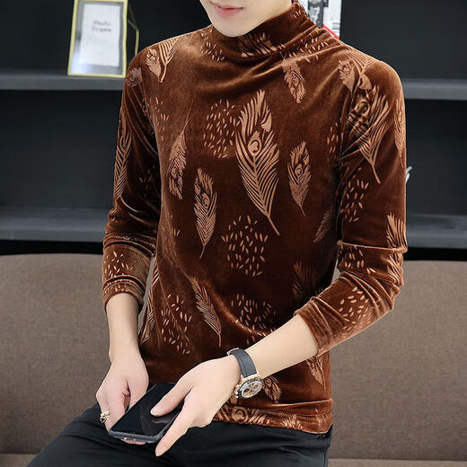 NUKM金丝绒男士长袖T恤秋冬季半高领打底衫潮流帅气潮保暖加绒加厚潮 黑色 2XL 135-150斤左右