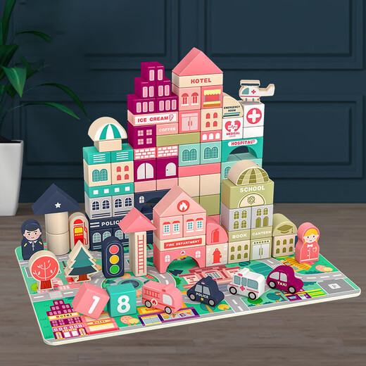 Bloques de construcción infantiles Juguetes intelectuales de desarrollo de madera de rompecabezas para niños 2-4 niñas y niños 1-3-6 años Educación temprana 100 bloques + 60 piezas de escena de tráfico Placa inferior Barrel