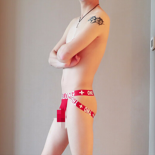 Sexy lingerie men's sexy underwear sexy thong men's ice silk back buttocks exposed trendy double M red