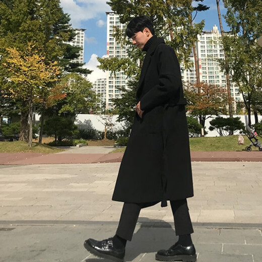 Cotton windbreaker jacket spring and autumn windbreaker men's medium-length Korean style coat thickened warm coat black long XL (120-140Jin [Jin equals 0.5 kg])