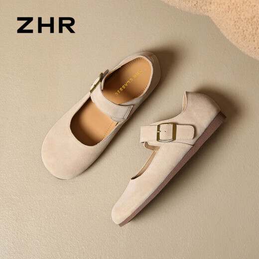 ZHR genuine cowhide Birkenstock shoes for women 2024 spring and summer new retro shallow mouth single shoes soft sole maternity flat Mary Jane shoes for women khaki 39