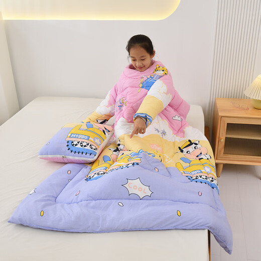 Guzhilan quilt one-piece with sleeves children's anti-kick quilt winter car single wearable multi-functional sofa pillow quilt cow powder (brushed print) 120*150cm children's style (recommended height 130cm